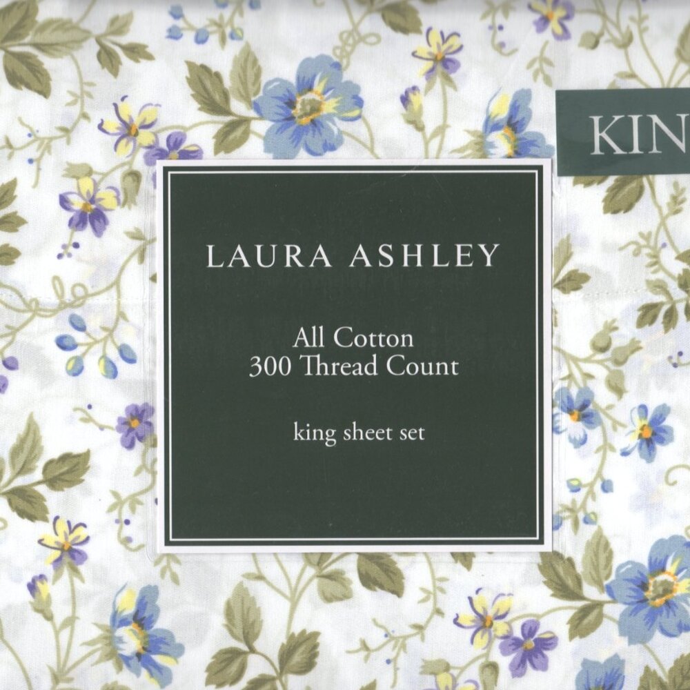 Laura Ashley King Sheet Set Spring Bloom Floral Green 4pc French Country Cottage